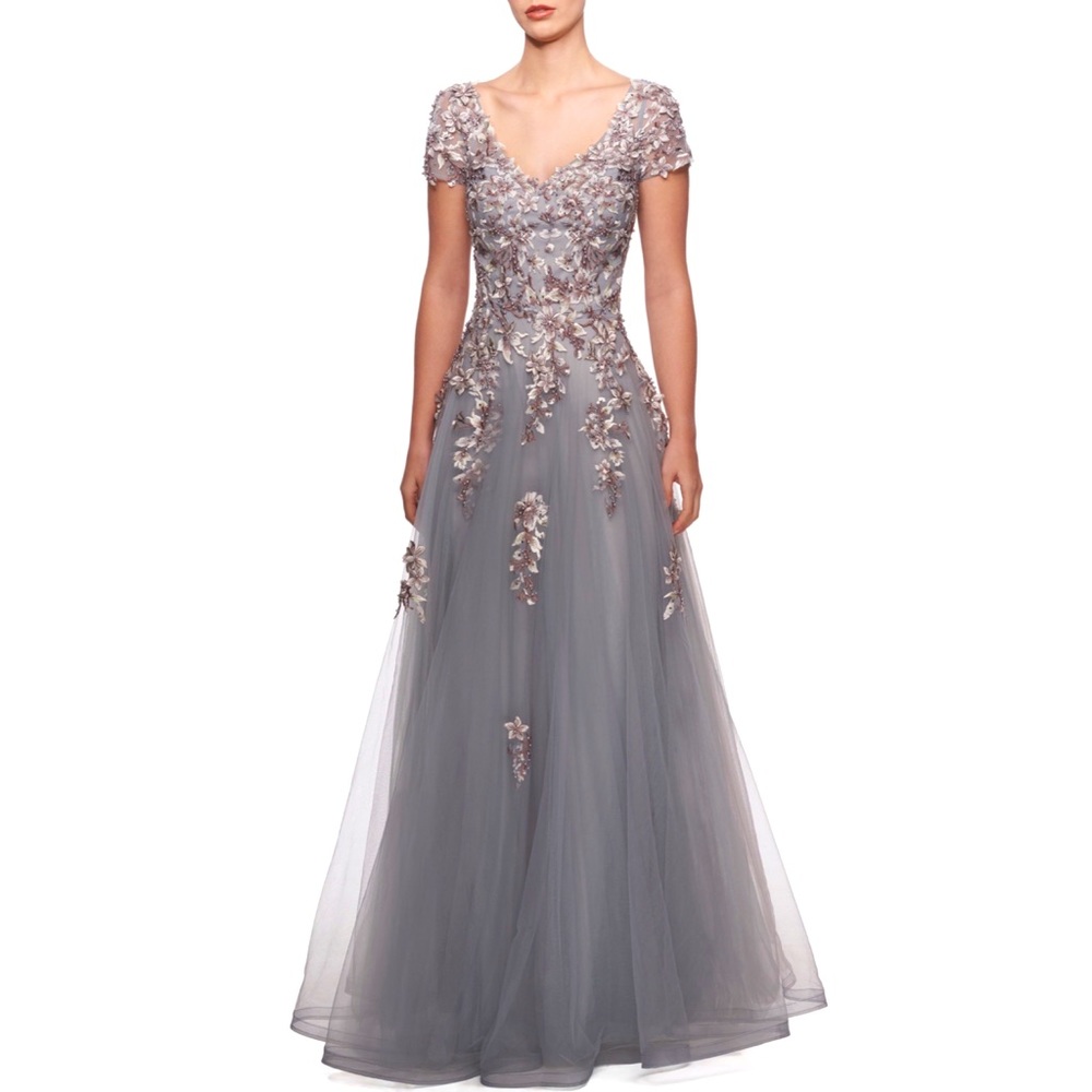 La Femme Beaded Lace Applique Tulle A-Line Gown